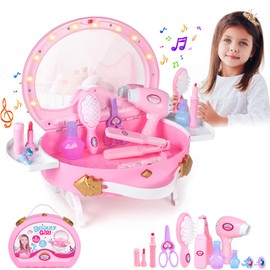 Toddler Vanity - Portable Kids Vanity Set with Mirror & Makeup Accessories, Lights and Music, Makeup Kits Princess Toys for Girls Aged 3+