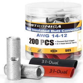 haisstronica Non Insulated Butt Connectors Kit, 100pcs Tinned Copper Uninsulated Wire Connectors with 100pcs 3:1 Heat Shrink Tubing for Automotive Marine (AWG 14-12)