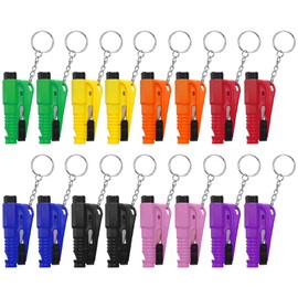 Pack of 16 Car Seat Belt Cutter and Glass Breaker Key Fob 3 in 1 Car Emergency Escape Tool Glass Breakers Seat Belt Cutter Rescue Whistle Mini Compact Car Safety Survival Tools
