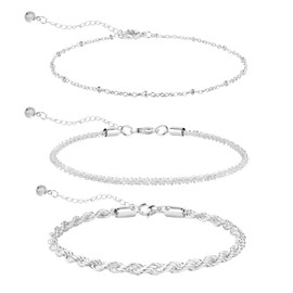 LAXPICOL 3PCS Silver Anklet Bracelet For Women/Girls, Adjustable Layered Women's Anklet Set,Waterproof Summer Beach Anklet Set Beaded Rope Link Jewelry Gifts For Women