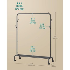 Clothes Rack, Clothing Rack for Hanging Clothes with Wheels, Heavy-Duty Metal Frame, Garment Rack, 110 lb Max. Total Load, 40.7 Inches Wide, Clothes Storage and Display, Ink Black