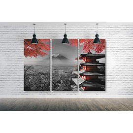 Japanese Temple in Autumn Black White Red Canvas Art Wall Art Home Decor (3 Pieces Large)