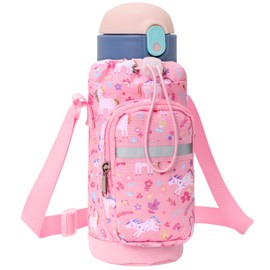 BrainyBees Water Bottle Carrier for Kids - Water Bottle Holder Sling Bag with Adjustable Strap, Girls Water Bottle Bag for 10/12/14/16/18Oz Water Bottles Walking Hiking Camping, Pink Unicorn
