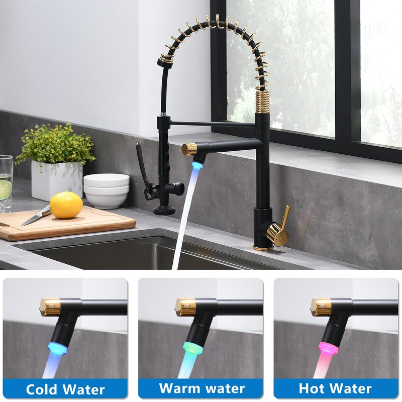 Fapully LED Kitchen Faucet with Pull Down Sprayer,Black&Gold Commercial Kitchen