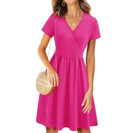 VOTEPRETTY Women's Summer Short Sleeve V Neck Wrap Easter Dress Spring Casual Floral Sundress with Pockets 2024(Hot Pink,XXL)
