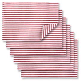 Cackleberry Home Red and White Ticking Stripe 13 x 19 Inches Placemats Woven Cotton Reversible, Set of 6