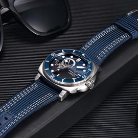 Pagani Design Men's Automatic Watch Tourbillon Skeleton Fashion Analogue Wristwatches NH39 Movement 200 m Waterproof Nylon Strap Luminous, Blue leather, Bracelet