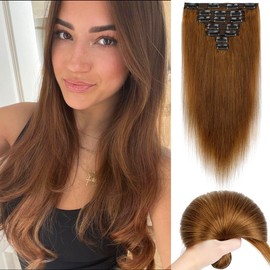 Yekartary Clip in Hair Extensions Real Human Hair 100% Remy Hair 18inch 7PCS Straight Hairpieces Clip-ins for Women Light Brown