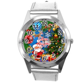 TAPORT® Silver Leather Round Quartz Watch for Christmas Fans E1