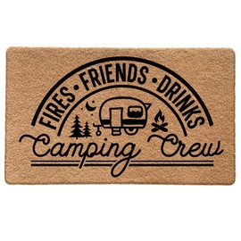 Qabliqo Camping Door Mat, Fires Friends Drinks Camping Crew Doormat for Camper RV Cabin Front Door Outdoor Outside Entrance Porch, Camper Welcome Mats Doormats Outside, 17x30 Inches