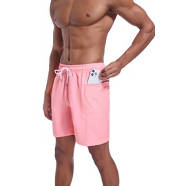 QRANSS Pink Swimsuits for Men 7 Inch Elastic Waist Quick Dry Swim Trunks Zipper Pockets Beach Shorts Boardshorts Without Liner Inside