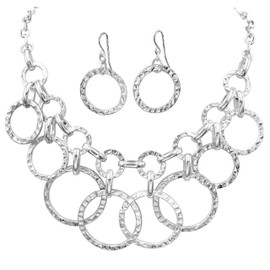 Gypsy Jewels Simple Circles Rings Boutique Style Statement Necklace & Earrings Set (Silver Tone 2)