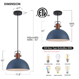 ALAISLYC 12 Inch Blue Pendant Lights Hammered Matte Pendant Lights for Kitchen Island Industrial Farmhouse Adjustable Height Dome Hanging Light Fixtures for Barn, Dining Room 3 Packs