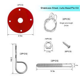 NYTKL 2 PCS Stainless Steel Car Hood Pins Kit, Quick Release Hood Cover Pin Lock Appearance Kit with Racing Lanyard, Universal Engine Bumper Bonnet Pin for Cars Trucks SUVs (Red)