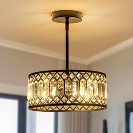 Rpzloila 3-Light Crystal Ceiling Light, Modern Semi Flush Mount Light Fixture, Black Crystal Chandelier for Kitchen Bedroom Bathroom Entryway Hallway