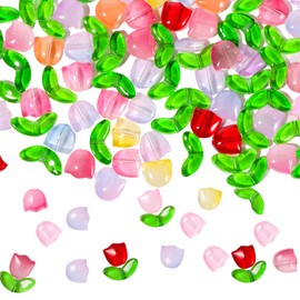 200Pcs Glass Tulip Flower Beads, Colorful Translucent Crystal Flower Beads for Jewelry Making, Bracelets, Necklaces, Earrings, Spring Summer DIY Crafts