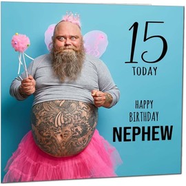 15th Nephew Funny Birthday Card - Bearded Man Joke Funny Nephews Birthday Card for 15 Year old teenage Kids fifteen, fifteenth