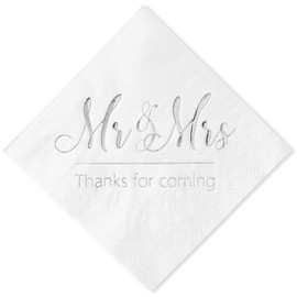 Crisky Servilletas de boda Mr Mrs Silver Cocktail Bebida Postre Servilletas para decoración de mesas de boda, suministros de fiesta de compromiso, 100 piezas, 3 capas