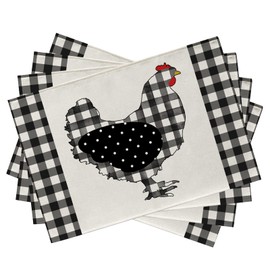 Seliem Farm Chicken Hen Animal Placemats Set of 4, Black White Buffalo Check Plaid Farmhouse Chick Dining Table Place Mats, Spring Summer Country Rustic Kitchen Decor Home Decoration 12 x 18 Inch