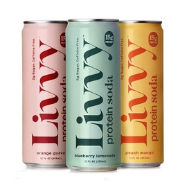 Livvy Protein Soda, 15g Protein, 80 Calories, Low Sugar Soda, Caffeine Free, Sparkling Clear Protein, Peach Mango, Blueberry Lemonade, Orange Guava, Variety (12 Cans - Variety Pack)