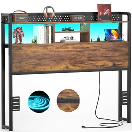 Unikito Headboard for Full Size Bed with Storage Shelf, Head Board with 3 Outlets and 2 USB Ports, Headboards with RGB LED Light, Height Adjustable, Sturdy and Stable, Easy Assembly, Rustic Brown