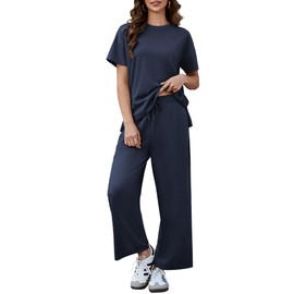 PINSPARK Track Suits for Women Lightweight Short Sleeve Travel Outfits Side Slit 2 Piece Sets Airport Vacation Casual Matching Set 2025,Navy Blue X-Large