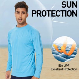 Arcweg Rashguard Men Long Sleeves Diving UV Protection UPF 50+ Elastic Rash Vest Loose Fit Top Swimming Quick Drying Surfing Pool T-Shirt Sports Top Rash Sky Blue XXL(UK)