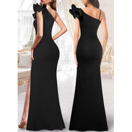 VFSHOW Womens Elegant Ruffle One Shoulder Strap Formal Prom Wedding Maxi Dress 2023 V Neck Ruched High Slit Cocktail Evening Glitter Long Gown (Black, Medium) 10532 BLK M
