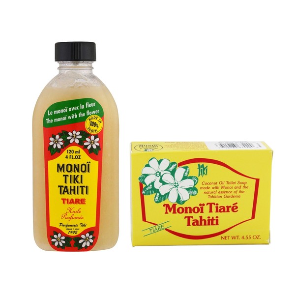 Monoi Tiki Tahiti Tiare and Monoi Tiare Tahiti Gardenia Soap Bar Bundle With Coconut Oil, Vitamin E and Gardenia, 4 fl. oz. and 4.55 oz
