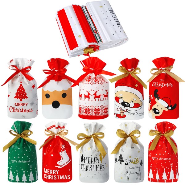 Blulu 50 Pieces Christmas Candy Gift Cookie Bags Drawstring Bags Xmas Treat Bag Plastic Bag with Ribbon for Christmas Birthday Wedding Holiday New Year Favor