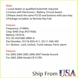 Unbranded 2 For 2003 - 2007 Honda Accord Remote Head Key Fob 4 Button OUCG8D-380H-A + Chip