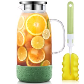 Glass Pitcher with Lid, ZBUFAN 68oz/2 Liter Glass Water Pitcher with Handle and Lid, Anti-Slip Base Juice Jug for Ice Tea, Sun Tea, Sangria, Lemonade Fridge Pitchers for Drinks Green