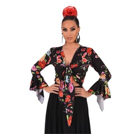 Top Bolero de Tejido elástico, Cruzado y de Mangas con Volante, Ideal para la Danza Flamenca o Sevillanas, Colour 1