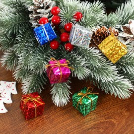 24pcs Christmas Tree Mini Boxes Hanging Ornaments Small Foil Wrapped Ornaments for Xmas Decor (Random Color)