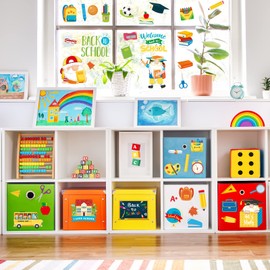 Whaline 8 Sheet Back to School Window Clings Stickers Gnome School Bus Pencil Double-Sided Static Window Decals for First Day of School Party Supplies Classroom Home Wall Glass Blackboard Decorations