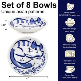 Mezchi Dipping Bowls Set of 8, 4 Inch Ceramic Soy Sauce Dish, 3 Oz Mini Serving Bowls with Cat Design, Microwave & Dishwasher Safe Appetizer Plates for Sushi, Condiments, Snacks