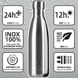 Mont-Clair Stainless Steel Water Bottle, Vacuum Insulated + BPA Free, 12h Hot & 24h Cold Drinks Bottle, Metal Water Bottle 1L Leakproof, Ideal for Adult, Kids, Running - Silver