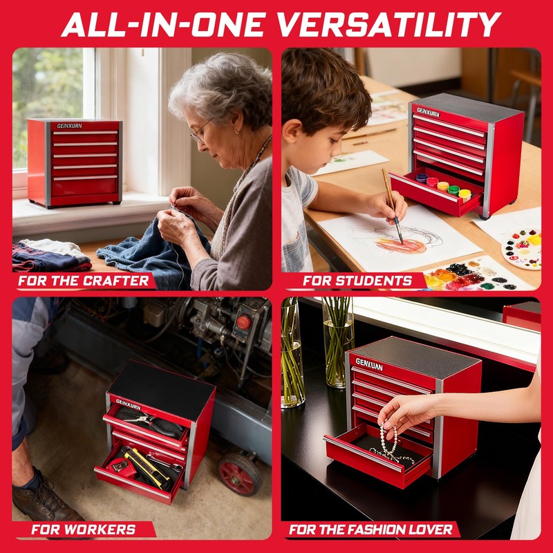 Geinxurn 5-Drawer Rolling Red Tool Box, Heavy Duty Micro Roll