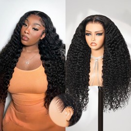 Megalook hair 13x6 Glueless Wigs Human Hair Pre Plucked Pre Cut Ear-to-Ear HD Lace Front Curly Human Hair Wig 220% Density Frontal Deep Wave Drawstring Wig 22 Inch