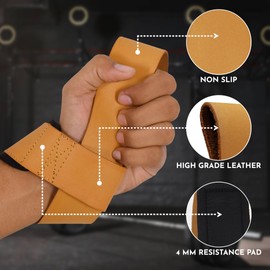 QTF Lifting Wrist Straps, Full Leather Wrist Assistance for Heavy Pulls and Weightlifting Bodybuilding, Sports, Gym, Fitness, Accessories,Strength Training (Camel)