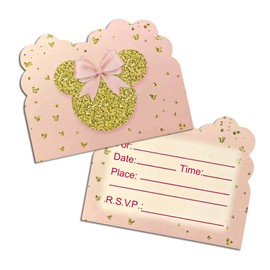 20 PCS Pink Mouse Invitation Cards, Minnie Birthday Party Supplies, Minnie Birthday Invitation cards for Girls
