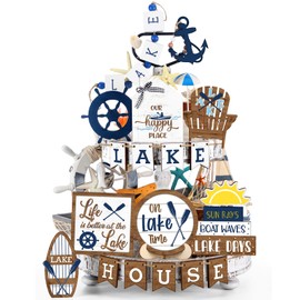Mifoci 19 Pcs Summer Lake Tiered Tray Decor Set Farmhouse Wood Summer Ocean Boat Anchor Table Decorations Tabletop Rustic Wooden Table Signs for Home Kitchen Decoration