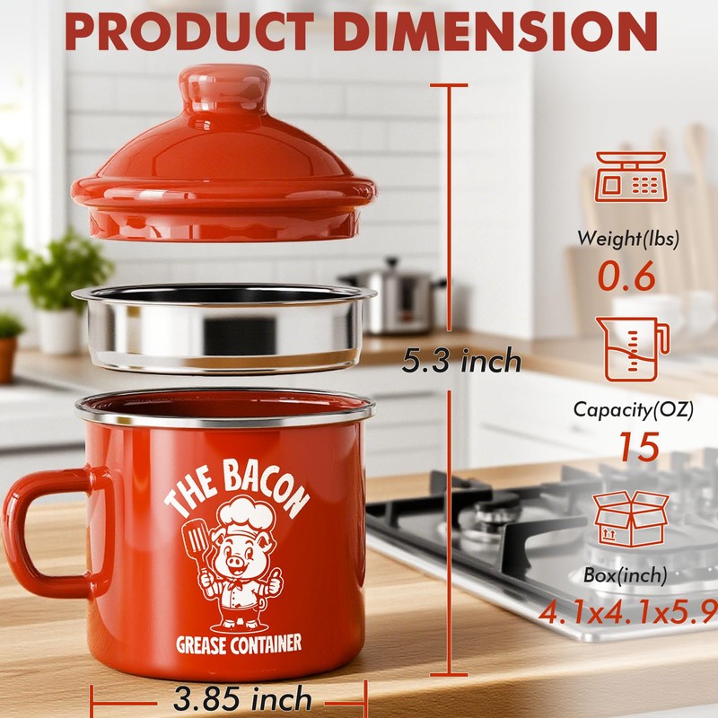 PGYARD Mini Bacon Grease Saver With Strainer - 15OZ Enamel