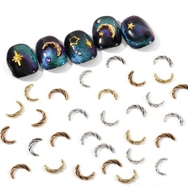 BAIYIYI Nail Art Studs 3D Gold Silver Moon Nail Studs Nail Charms Moon Shape Metal Nail Rivets Charms Gemstone Jewelry DIY Nail Art Decorations Manicure Supplies