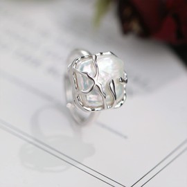 HETICA Irregular Pearl Ladies Silver Ring, Baroque Pearl Ring 925 Sterling Silver Ring, Fashion Statement Ring Suitable for Woman Daily Birthday Anniversary Valentine's Day Gift
