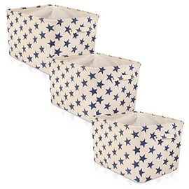 Canvas Storage Basket Rectangular with Handles 7.5''x16''x12.25'', Household Storage For Blankets, Towels, Toys - White with Blue Stars - 3 Pack