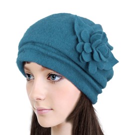 Dahlia Women's Winter Hat - Wool Cloche/Bucket Hat, Slouch, Flower, Teal