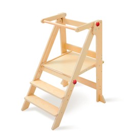 Foldable Toddler Tower with Safety Rails, 3-Level Adjustable Height Standing Kitchen Stool Helper with Safety Feet, Montessori Toddler Tower for Toddlers Aged 1-6，Natural