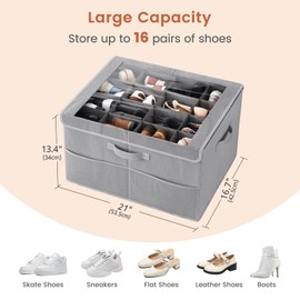 PHINOX Shoe Organizer for Closet, Fits up to 16 Pairs, Shoe Storage Bins with Clear Cover and Reinforced Handles, Foldable Shoe Storage Organizer, Space Saving Shoe Holder for Wardrobe, 2 Pack Grey
