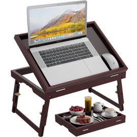 Bamboo Adjustable & Foldable Bed Tray Table with Ergonomic Handle, 17x12in Breakfast Tray for Eating, Laptop Desk, Sofa Snacking, Non-Slip Surface (Mahogany)